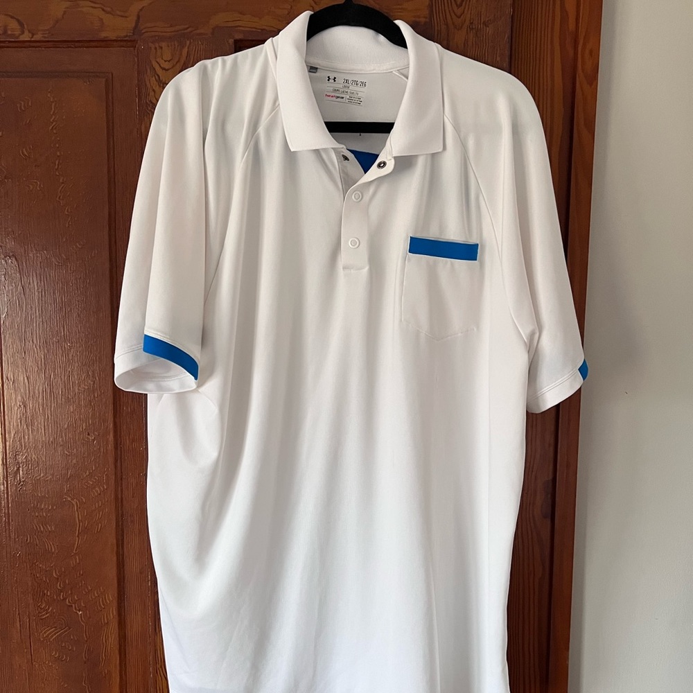 White with Blue Under Armour golf polo